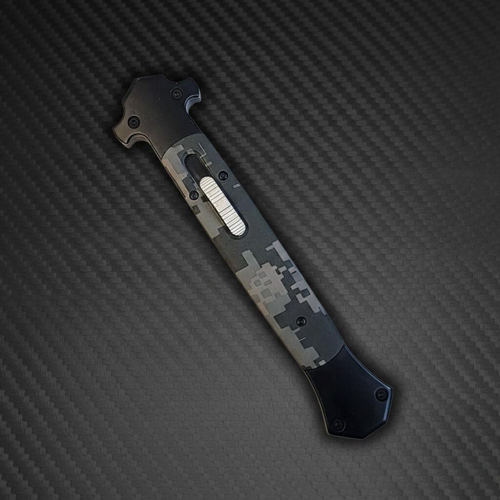 13-inch Tactical D/A Stiletto OTF Knife in Digi Camo with Satin Plain Bayonet, perfect for elite collectors