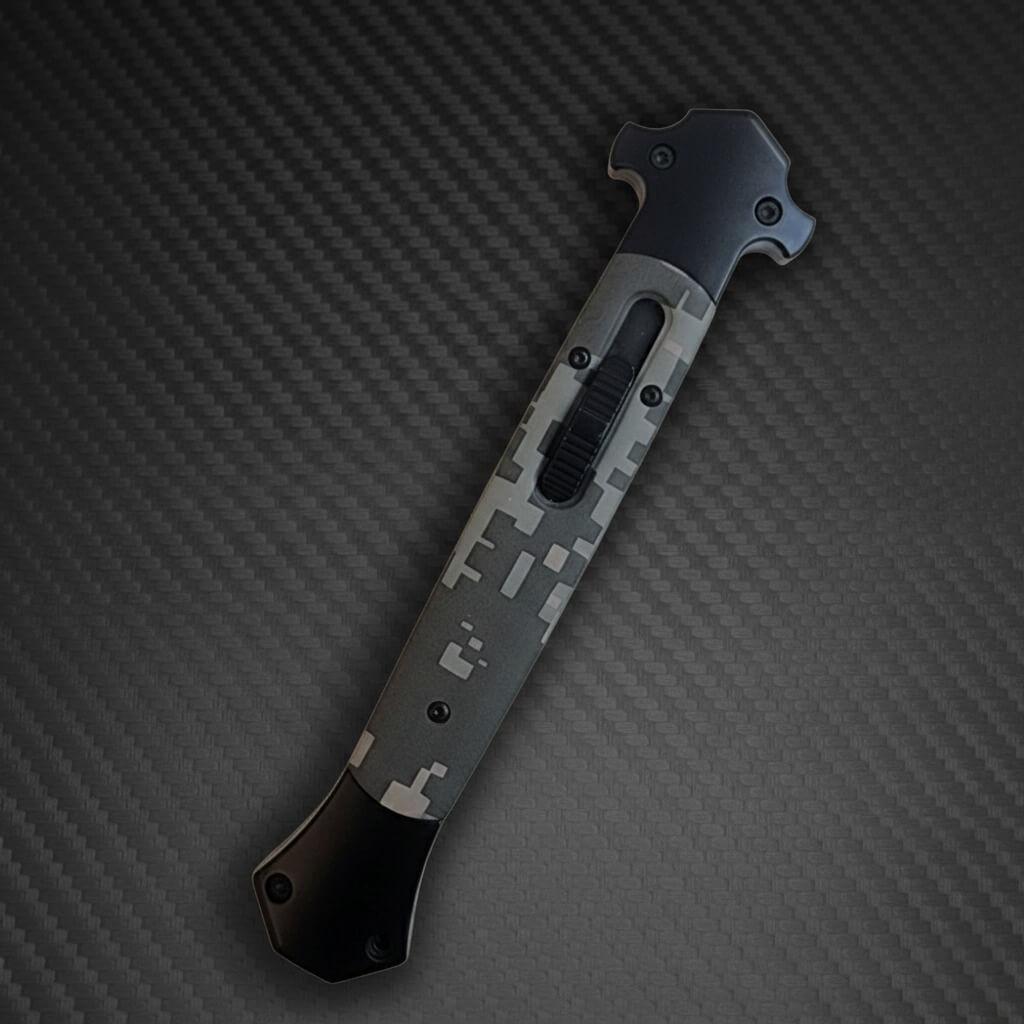 Stiletto tactical knife 13 inch D/A OTF Digi Camo with black plain bayonet for precision and durability