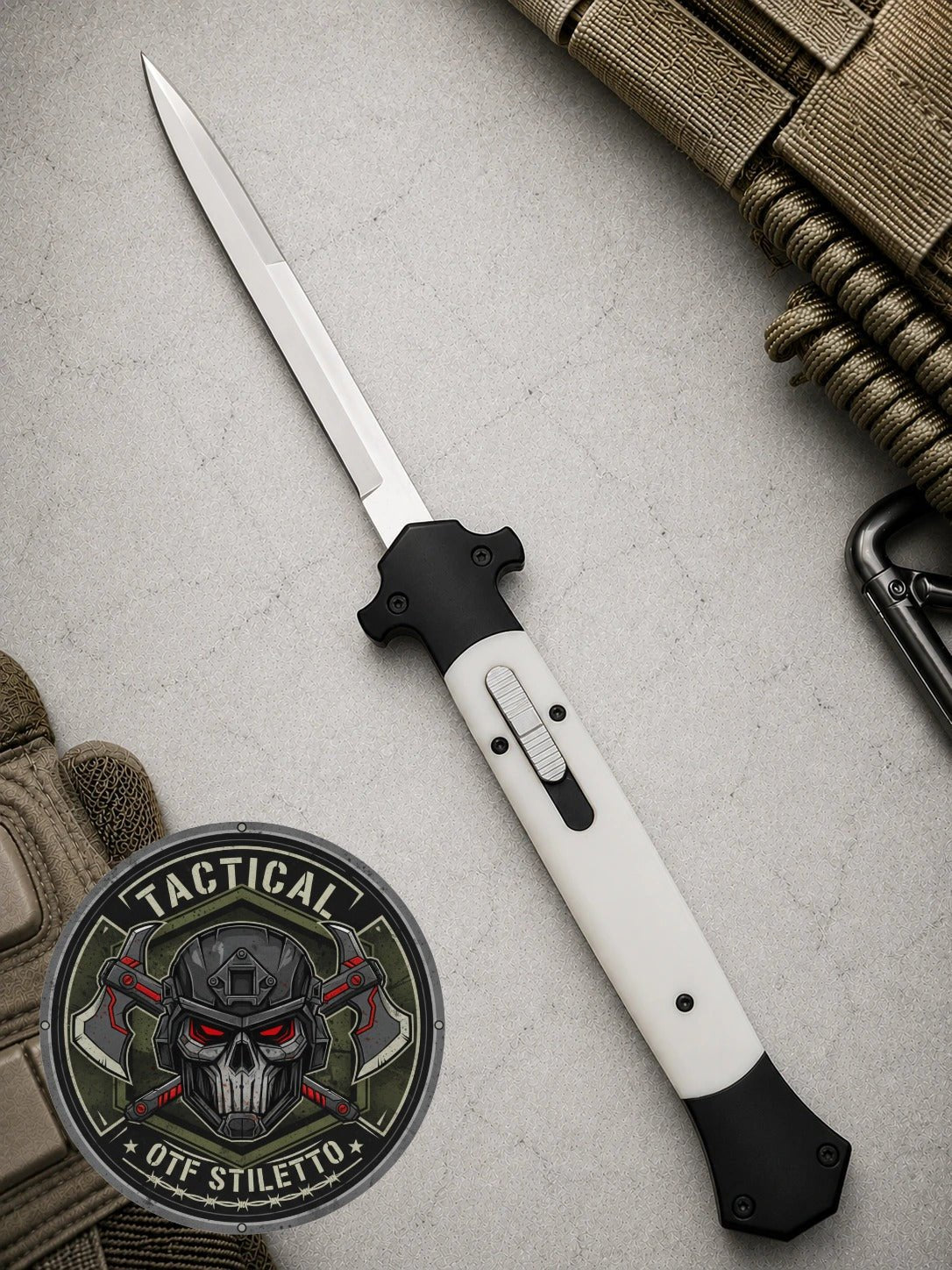 13 Tactical DA Stiletto OTF Knife - White (Satin Plain Bayonet)