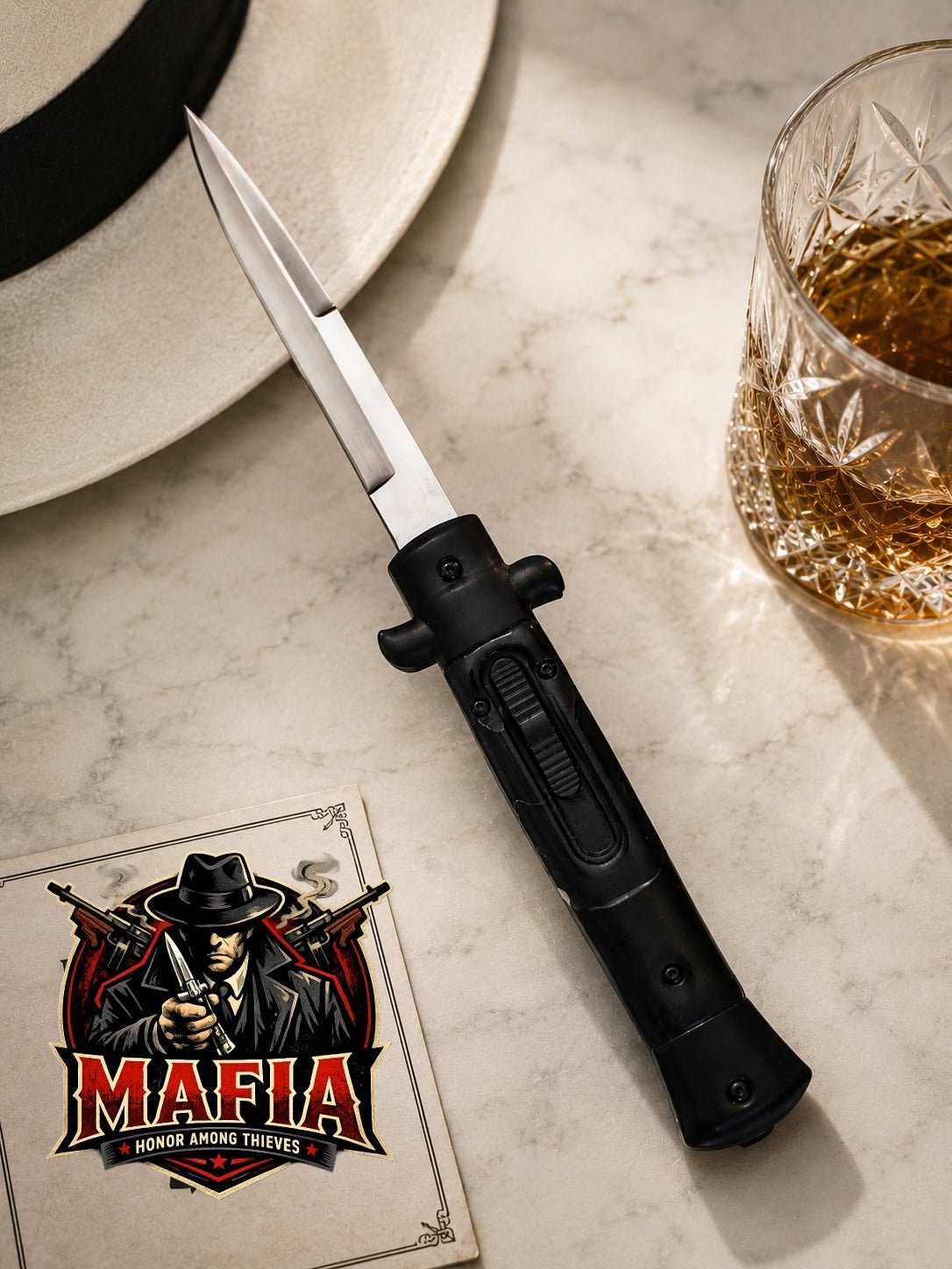 9 Italian Mafia DA Stiletto OTF Knife - Fractured Onyx - Polished Plain Bayonet