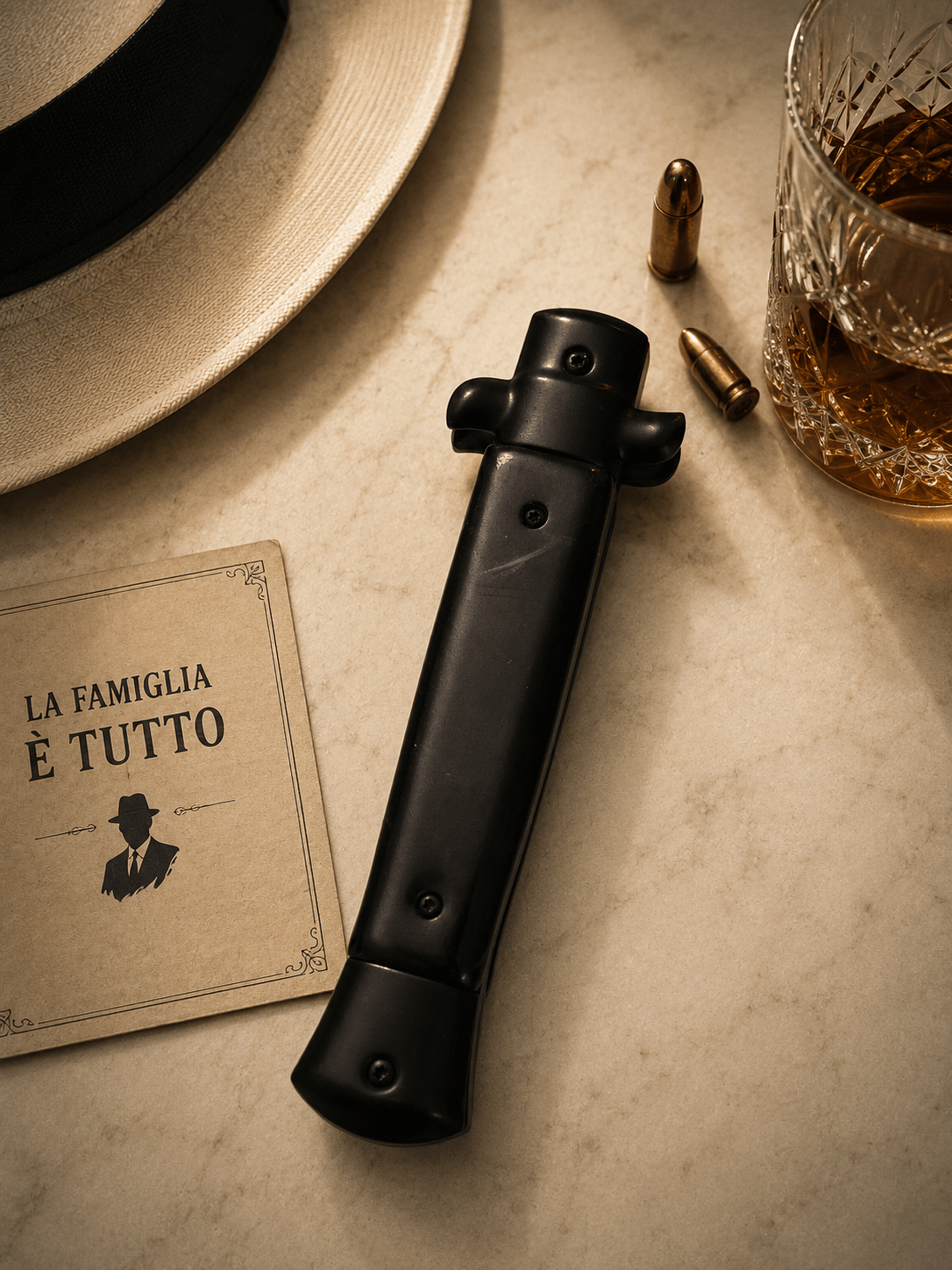 9 Italian Mafia DA Stiletto OTF Knife - Fractured Onyx - Polished Plain Bayonet