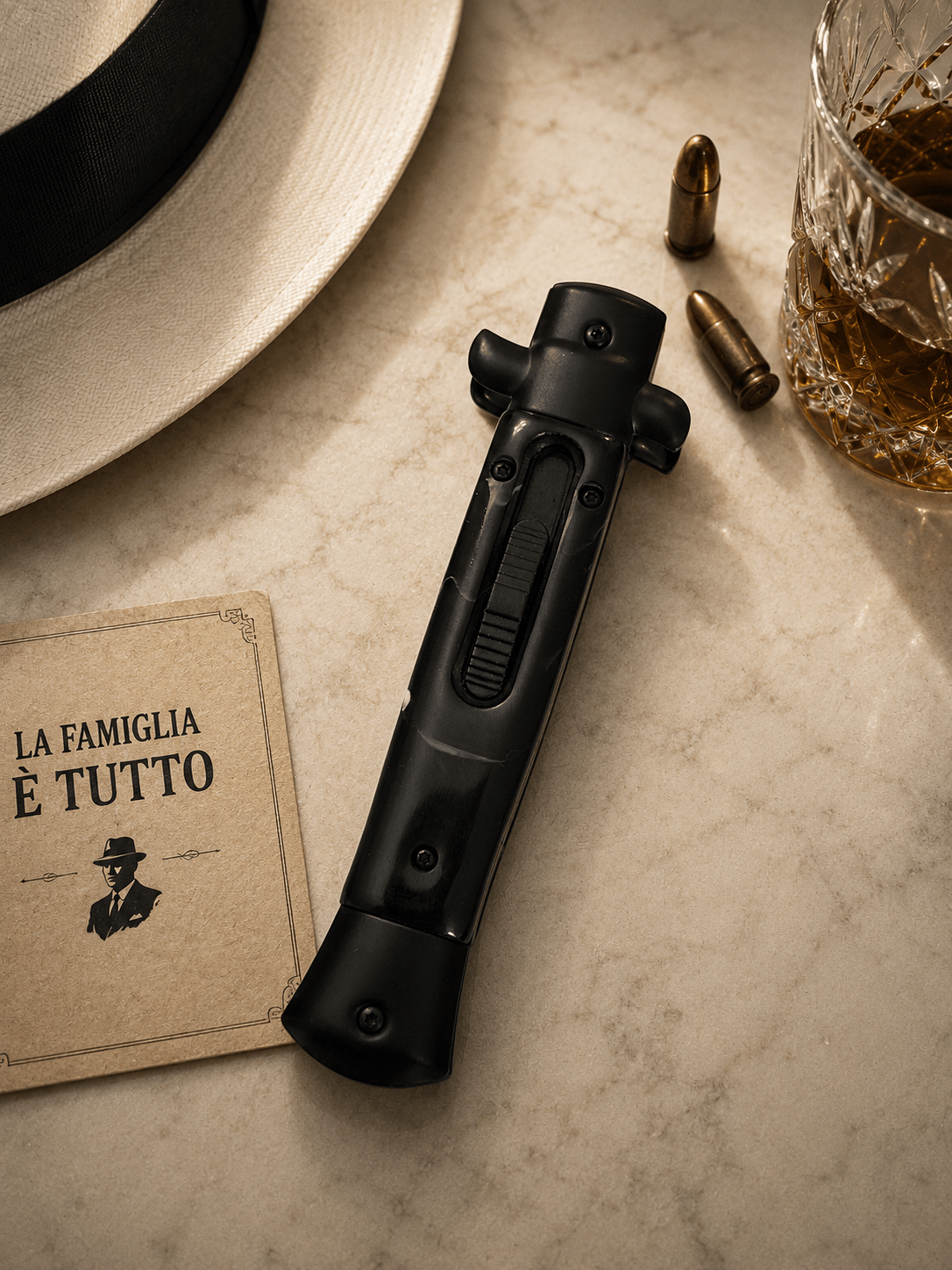 9 Italian Mafia DA Stiletto OTF Knife - Fractured Onyx - Polished Plain Bayonet