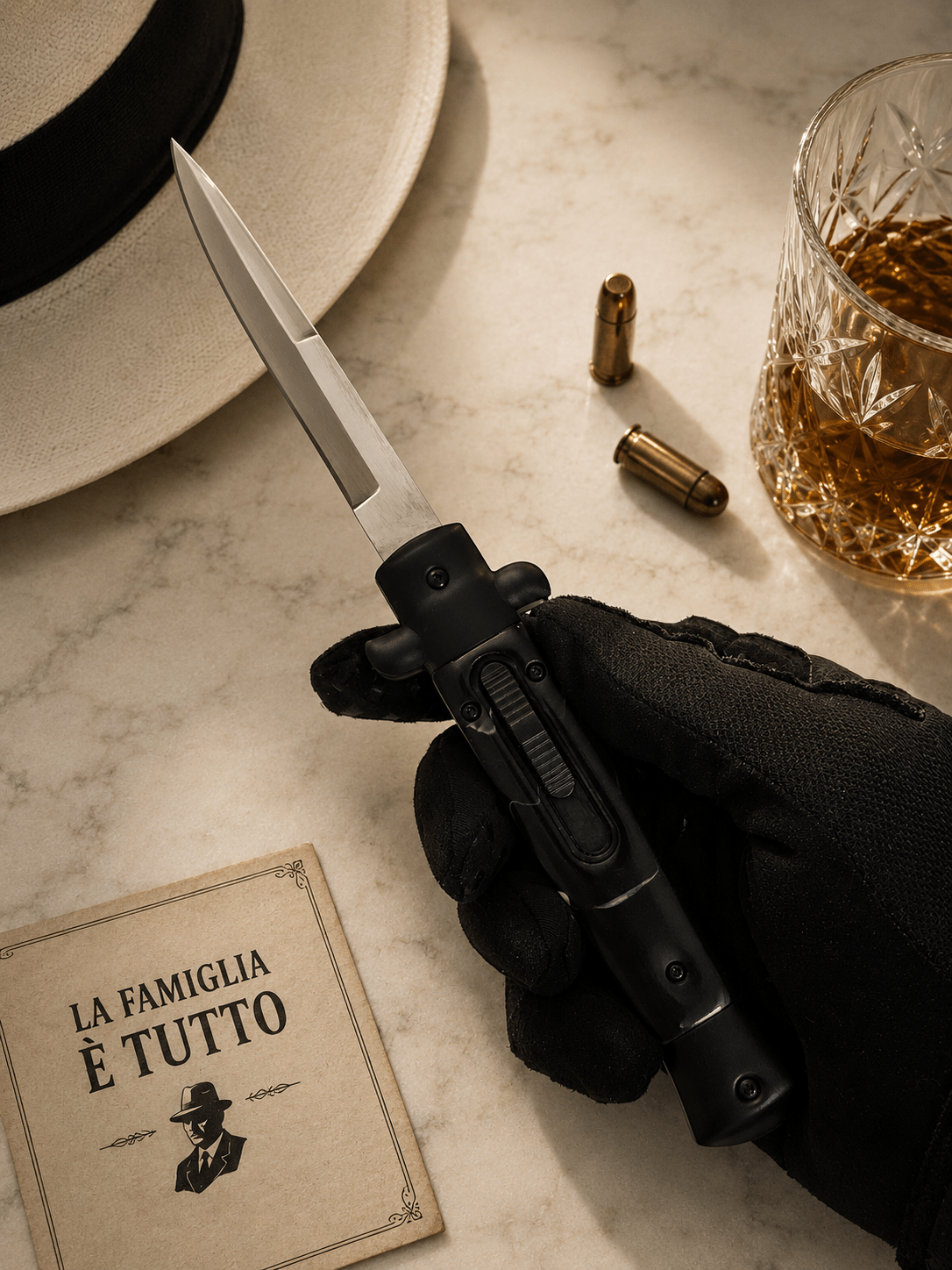 9 Italian Mafia DA Stiletto OTF Knife - Fractured Onyx - Polished Plain Bayonet