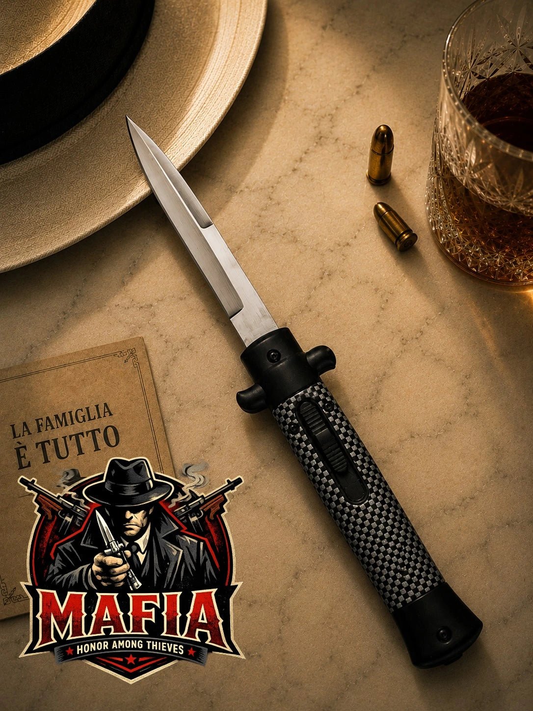 9" Italian Mafia D/A Stiletto OTF Knife – Carbon Fiber – Satin Plain Bayonet