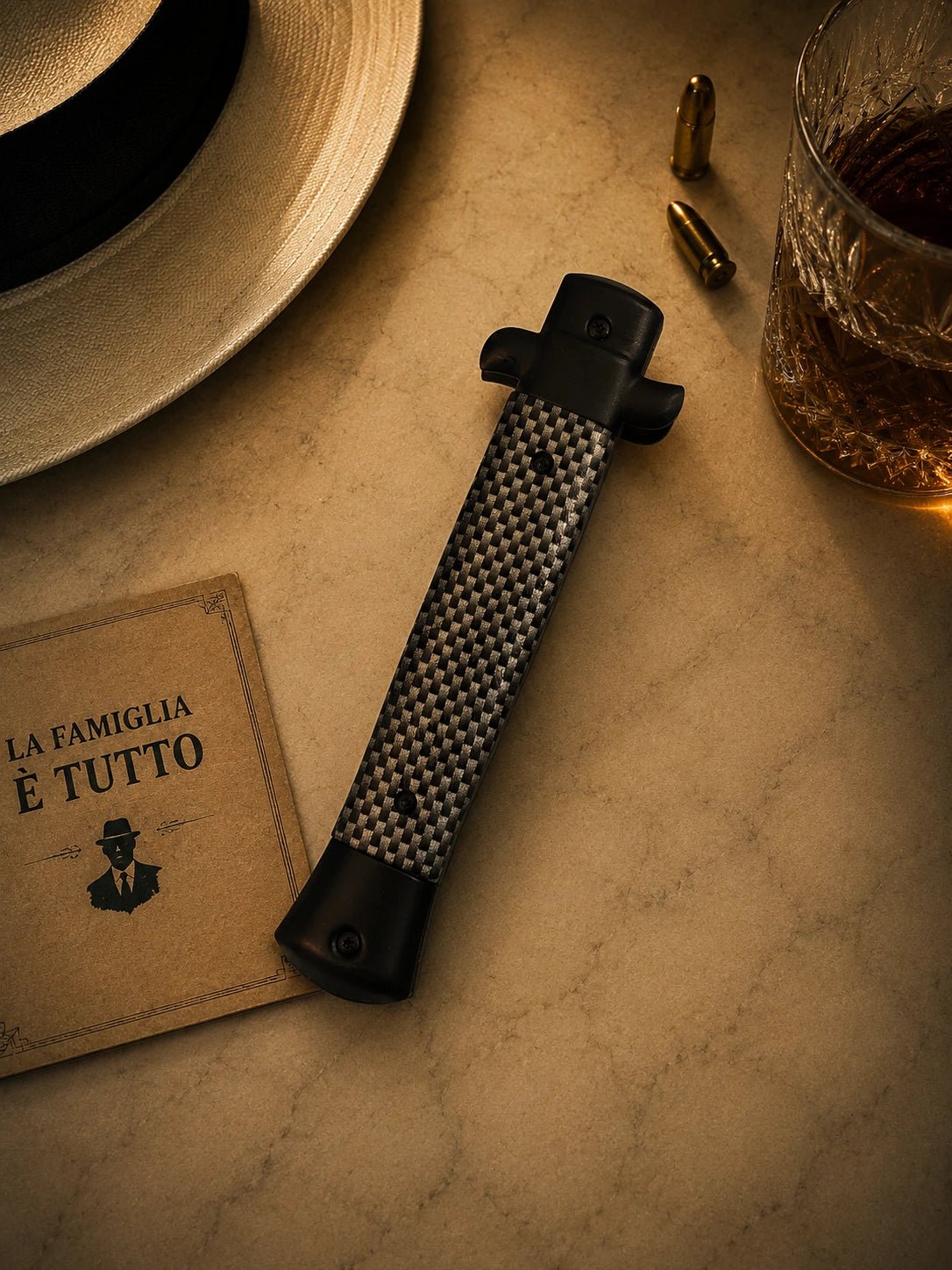 9" Italian Mafia D/A Stiletto OTF Knife – Carbon Fiber – Satin Plain Bayonet