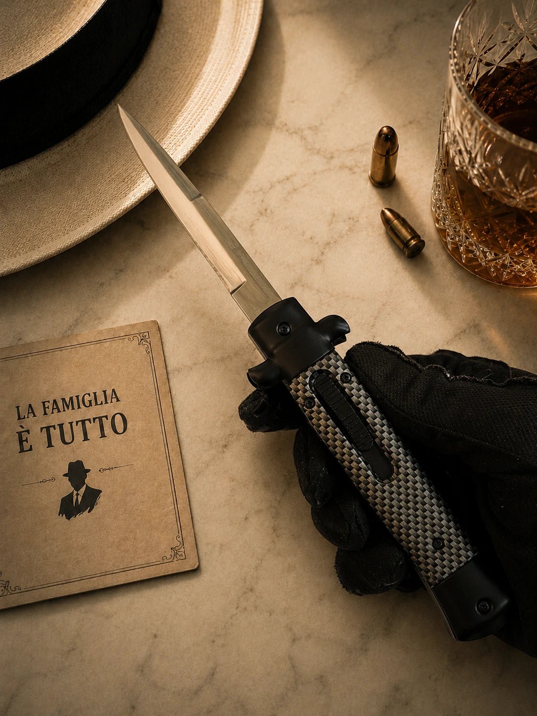 9" Italian Mafia D/A Stiletto OTF Knife – Carbon Fiber – Satin Plain Bayonet