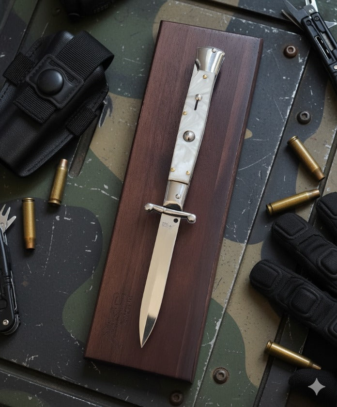 AKC Swinguard 9" Automatic Knife - White Pearl (4" Bayonet)