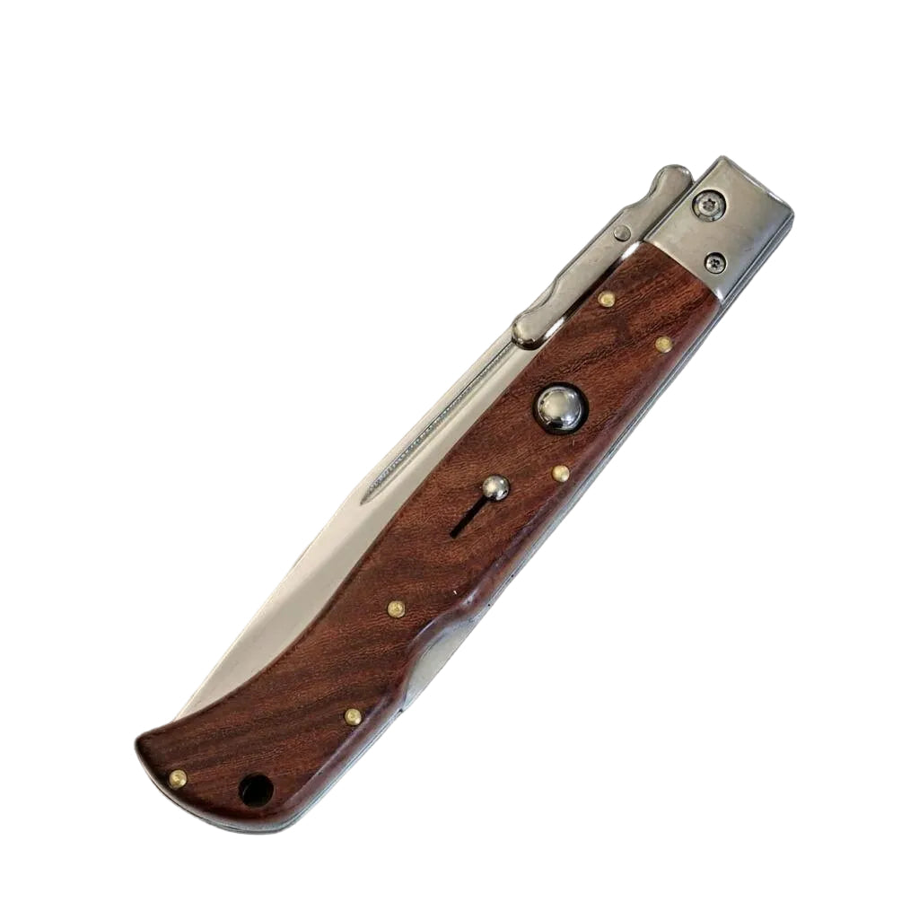 Italian Automatic Knife AKC 11 Roma Swinguard with polished wood handle, 4.62-inch blade