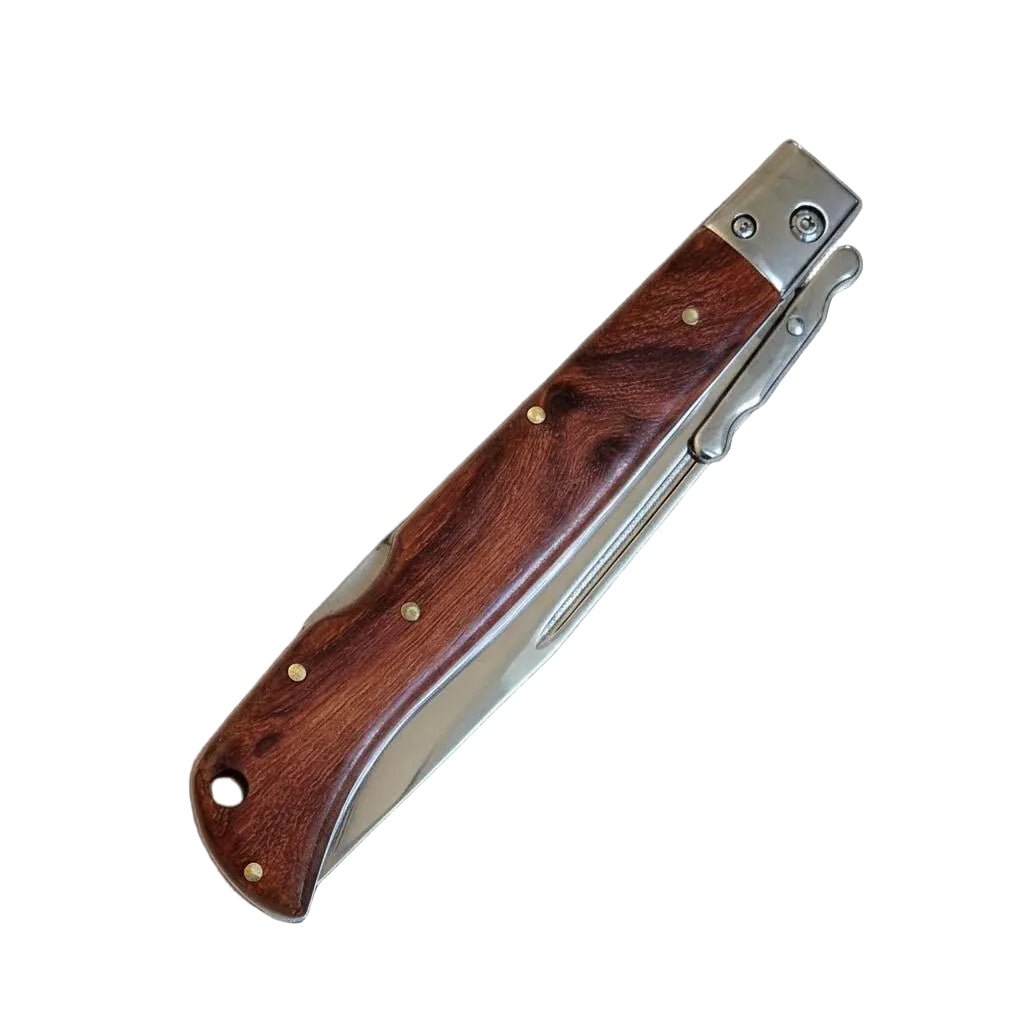 Italian Automatic Knife AKC 11 Roma Swinguard with polished wood handle, 4.62-inch blade
