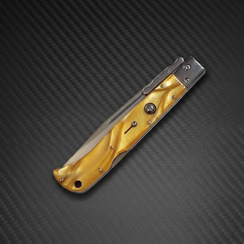 Italian Roma AKC 11 Swinguard Automatic in Yellow Pearl, 3.75 Polished blade pocket knife