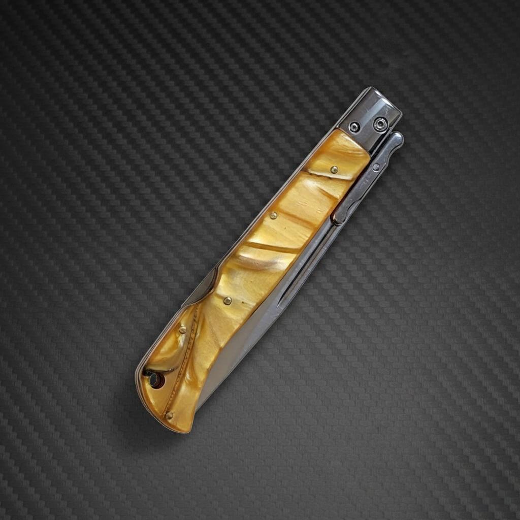 Italian Roma AKC 11 Swinguard Automatic in Yellow Pearl, 3.75 Polished blade pocket knife