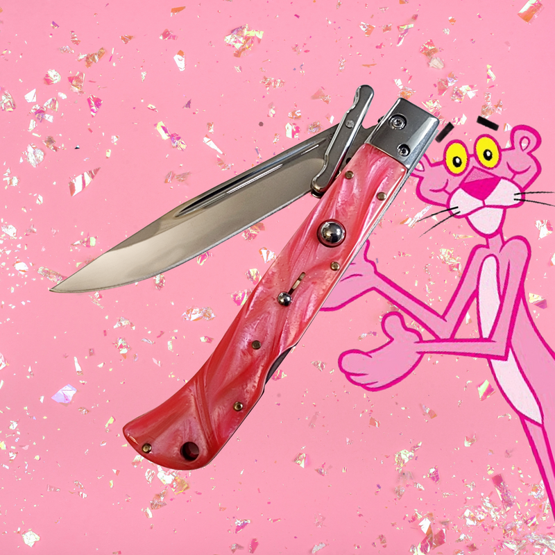 AKC 11" Italian Roma Swinguard Automatic Knife - Pink Pearl (4.62" Polished)
