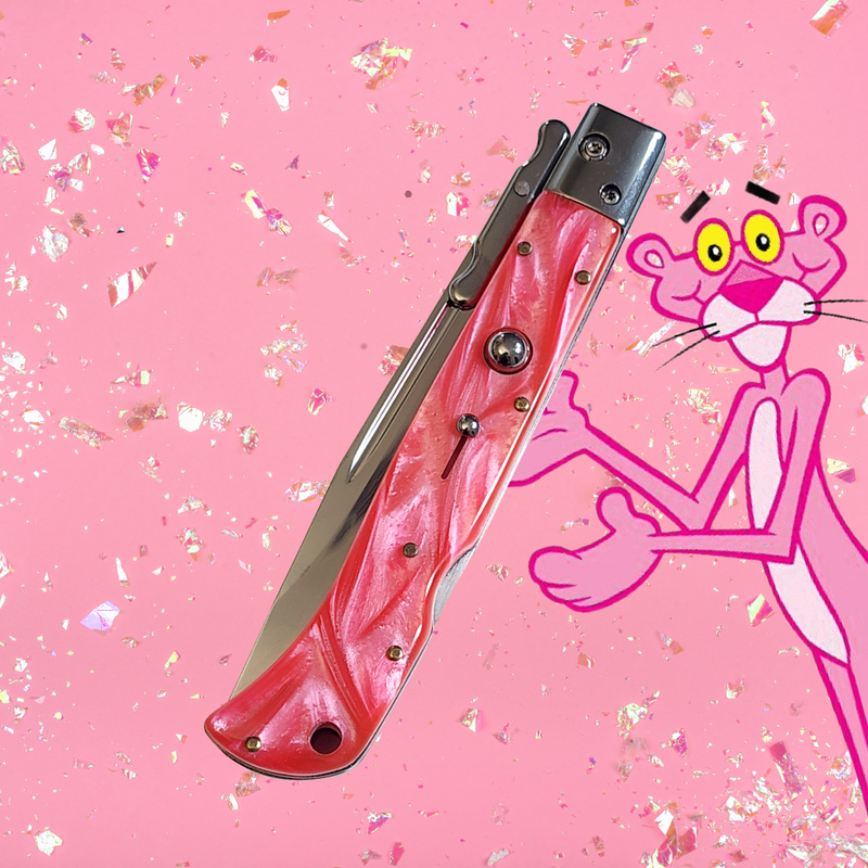 AKC 11" Italian Roma Swinguard Automatic Knife - Pink Pearl (4.62" Polished)