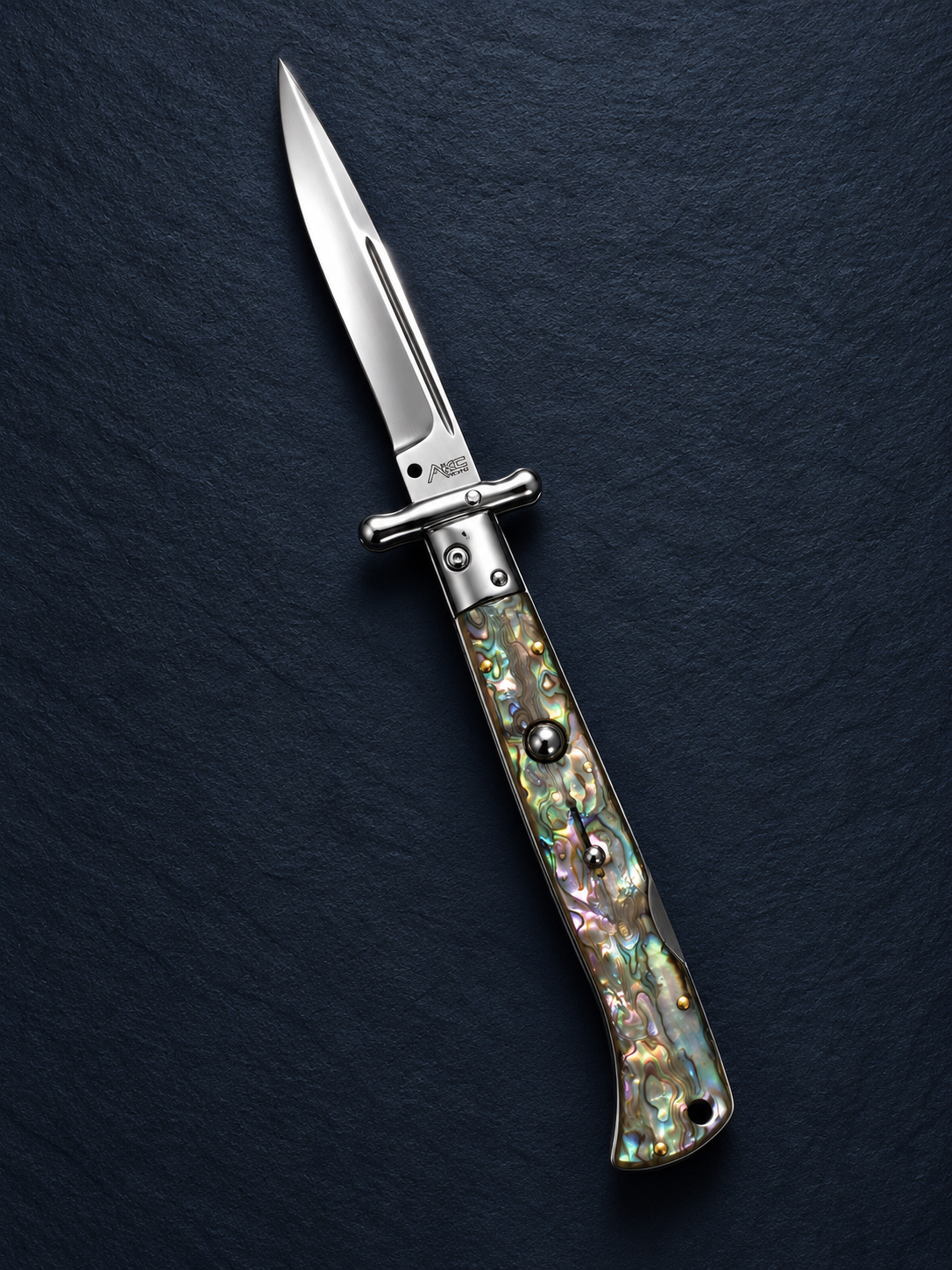 AKC 11 Roma Swinguard Automatic Knife – Abalone Handle, Polished Drop Point Blade