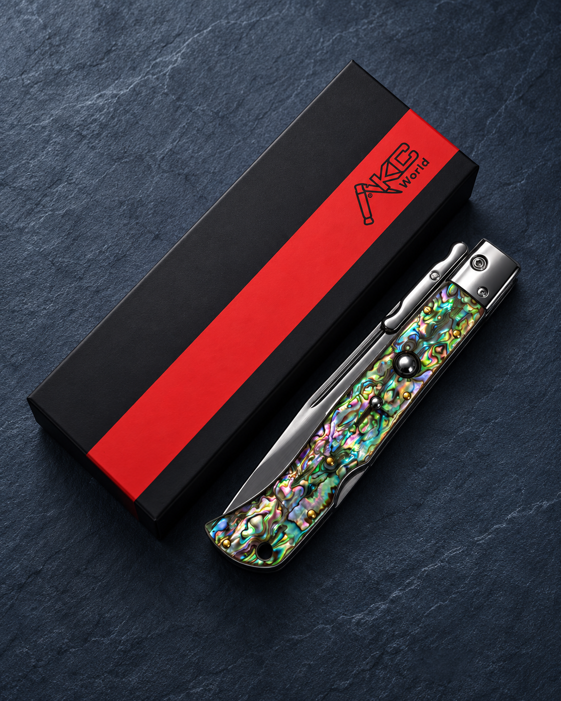 AKC 11 Roma Swinguard Automatic Knife – Abalone Handle, Polished Drop Point Blade