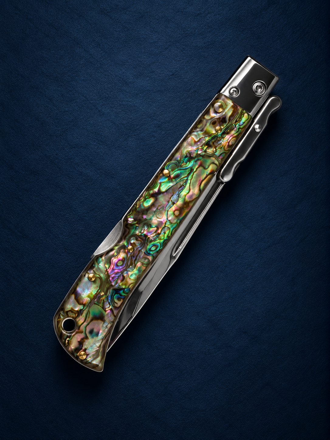 AKC 11 Roma Swinguard Automatic Knife – Abalone Handle, Polished Drop Point Blade