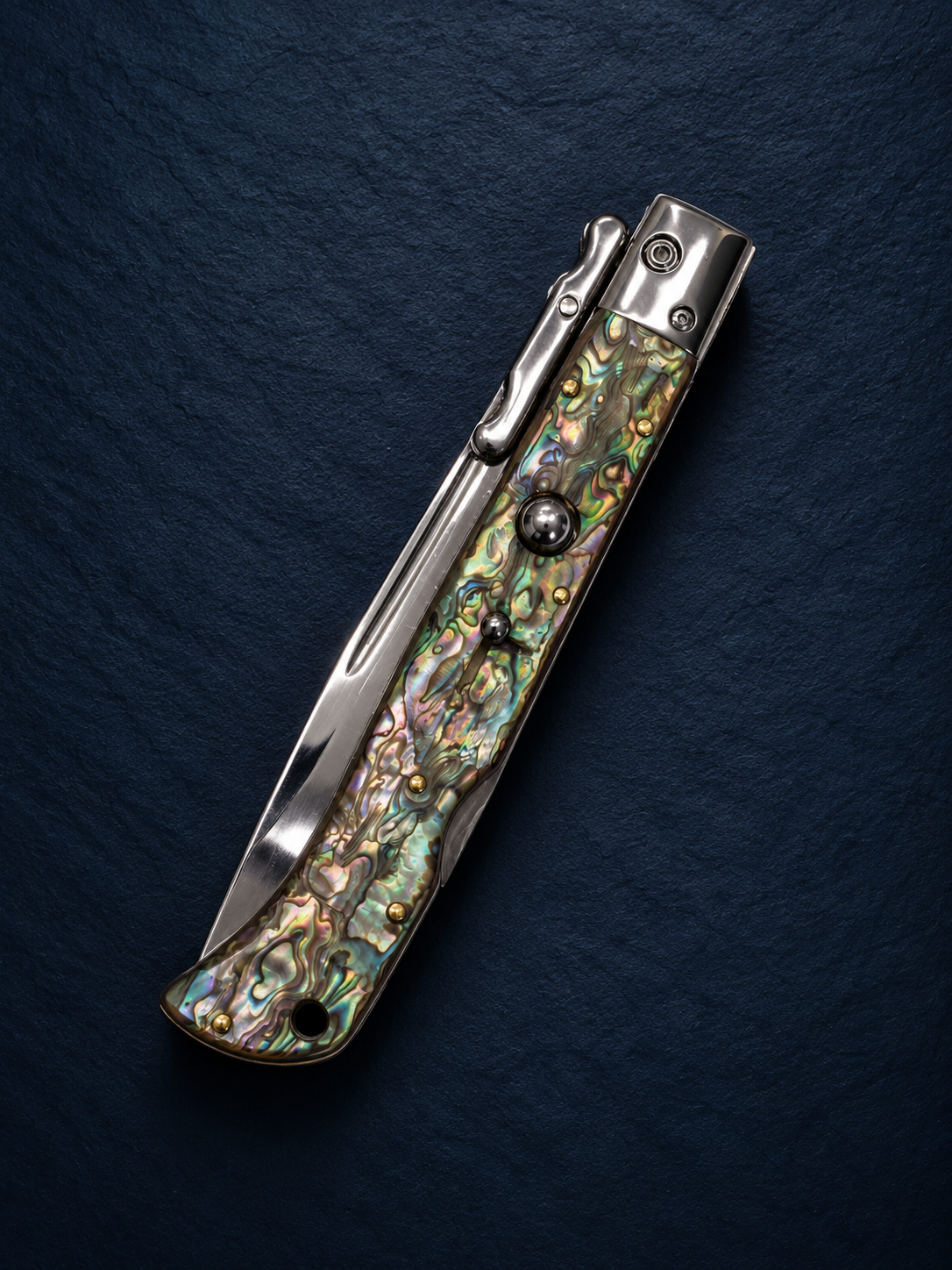 AKC 11 Roma Swinguard Automatic Knife – Abalone Handle, Polished Drop Point Blade