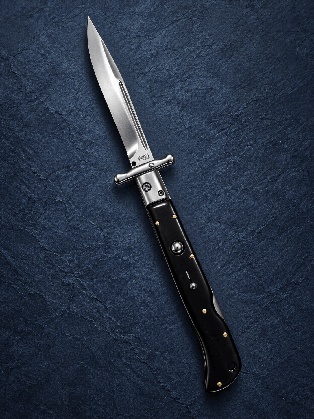 AKC 11 Roma Swinguard Automatic Knife – Black Handle, 4.62 Polished Drop Point Blade