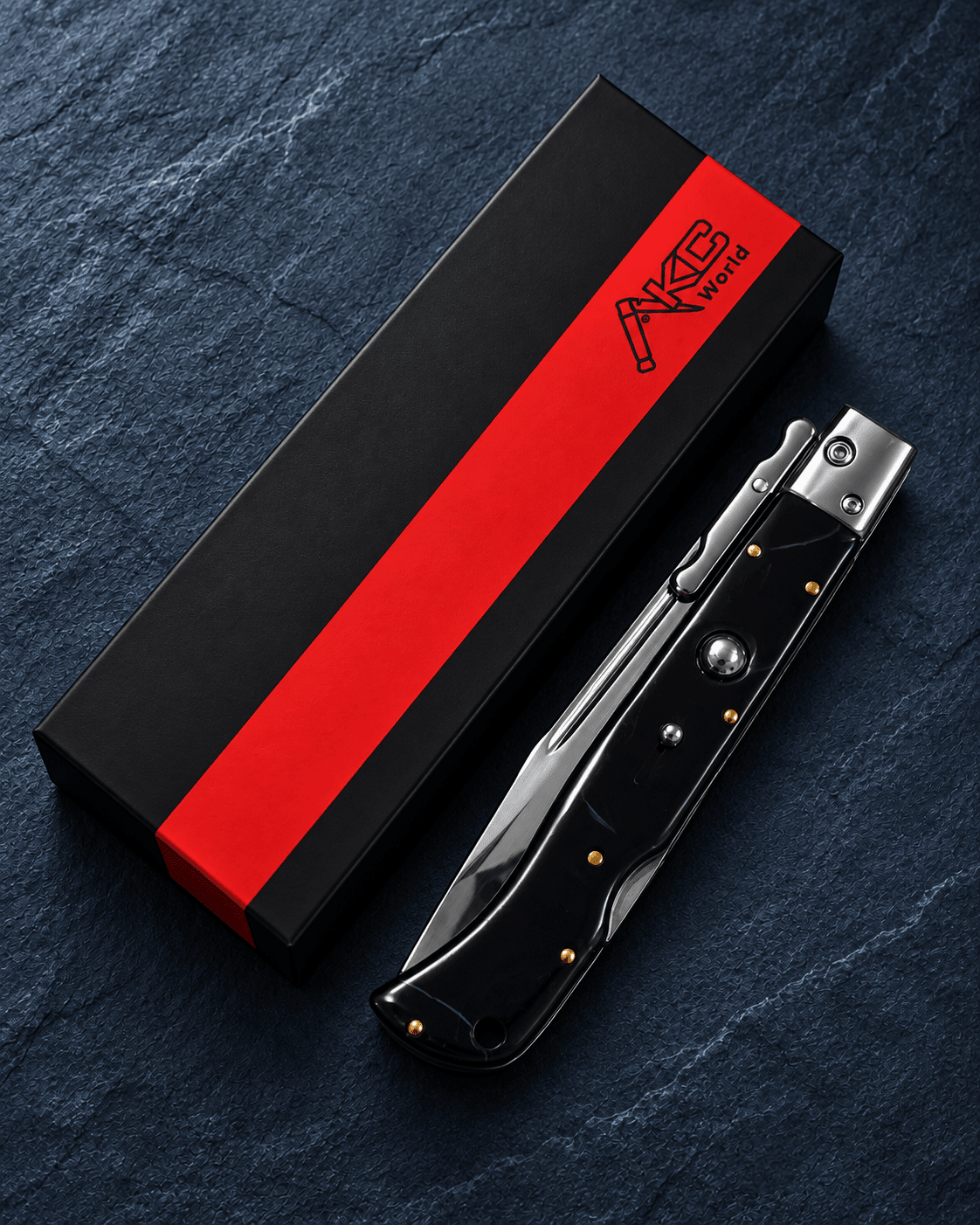 AKC 11 Roma Swinguard Automatic Knife – Fractured Onyx Polished Drop Point Blade