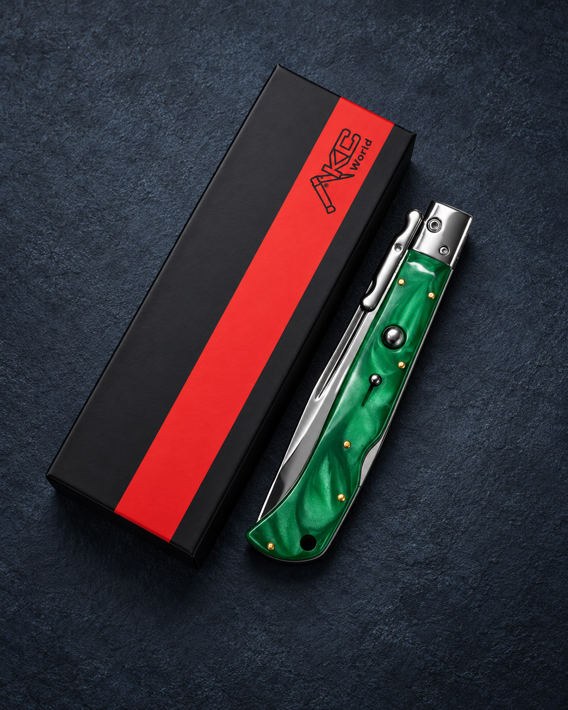 AKC 11 Roma Swinguard Automatic Knife – Green Pearl 4.62 Polished Drop Point Blade