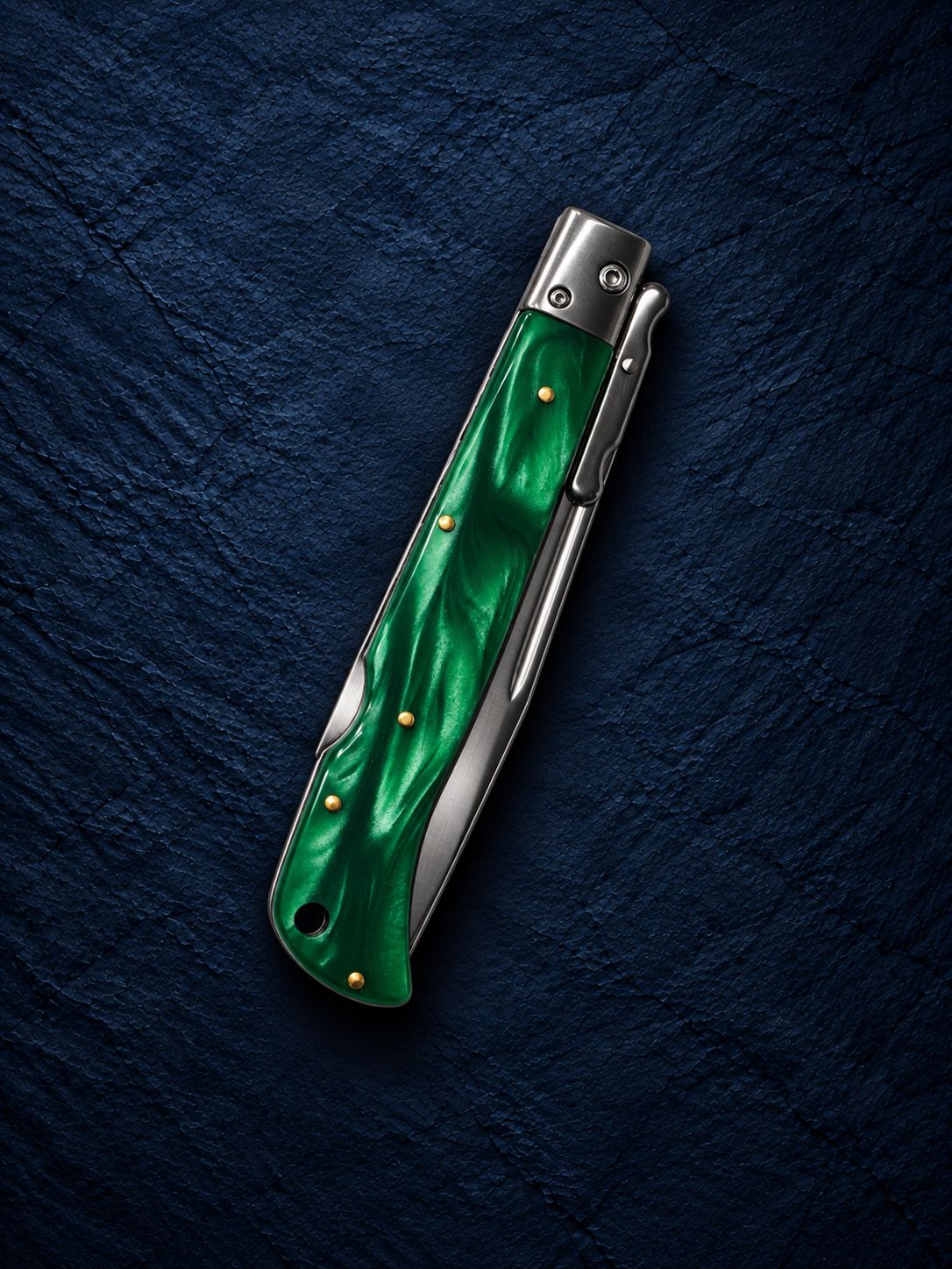 AKC 11 Roma Swinguard Automatic Knife – Green Pearl 4.62 Polished Drop Point Blade