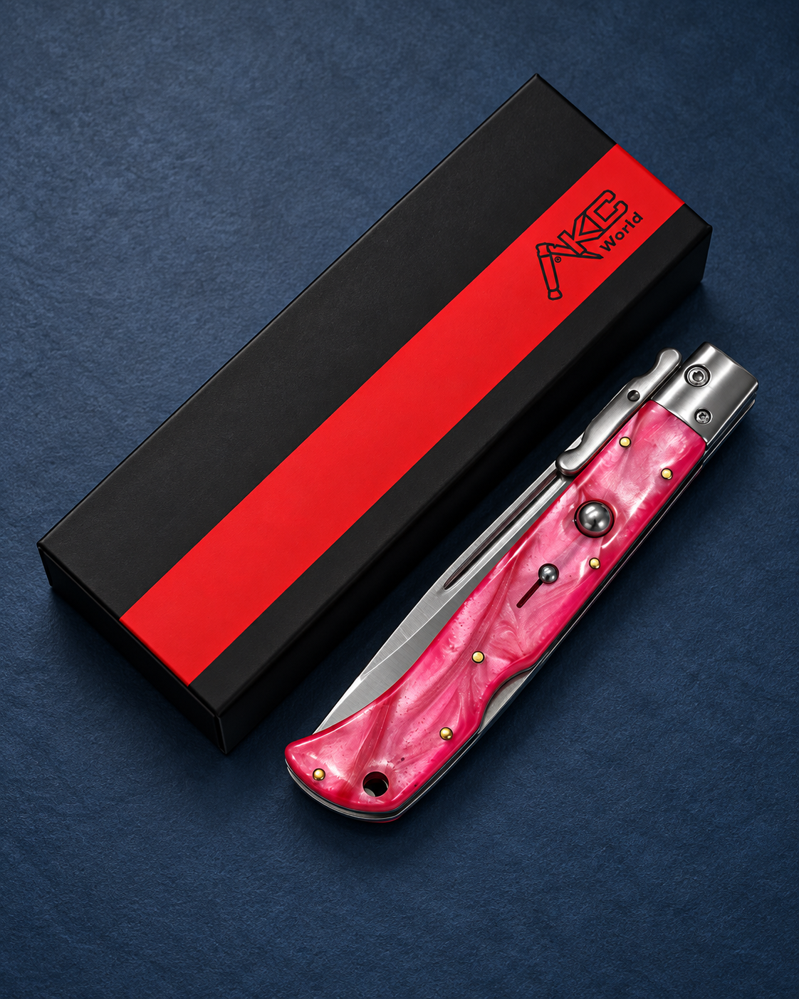 AKC 11 Roma Swinguard Automatic Knife – Pink Pearl Acrylic Handle, 4.62 Polished Drop Point Blade