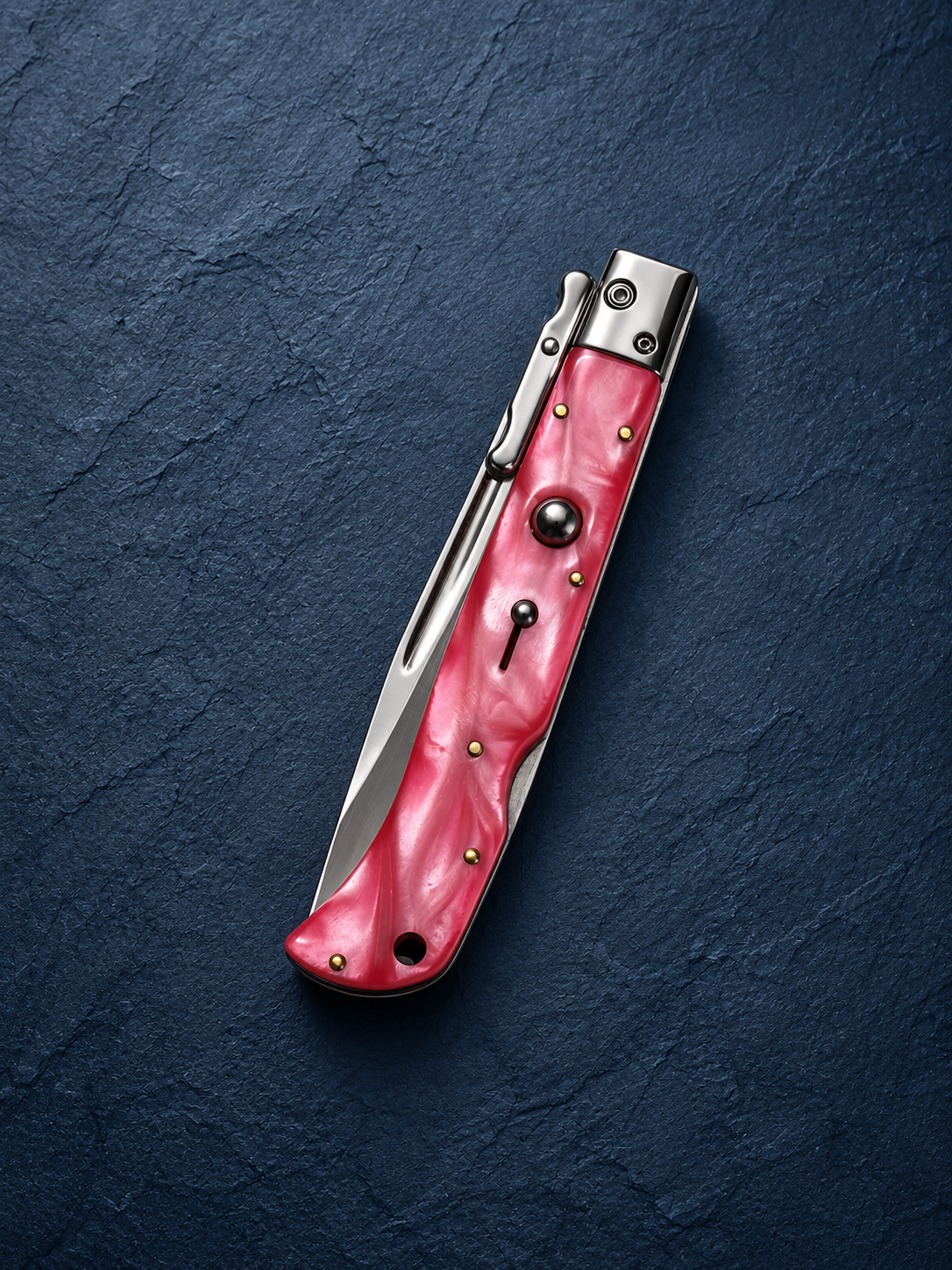 AKC 11 Roma Swinguard Automatic Knife – Pink Pearl Acrylic Handle, 4.62 Polished Drop Point Blade
