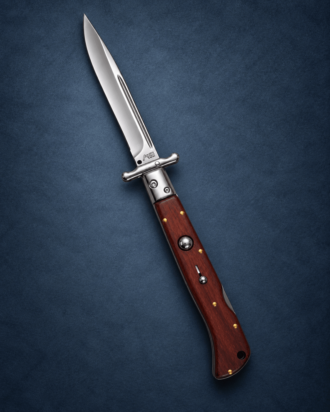 AKC 11 Roma Swinguard Automatic Knife – Red Pakka Wood Handle, Polished Drop Point Blade
