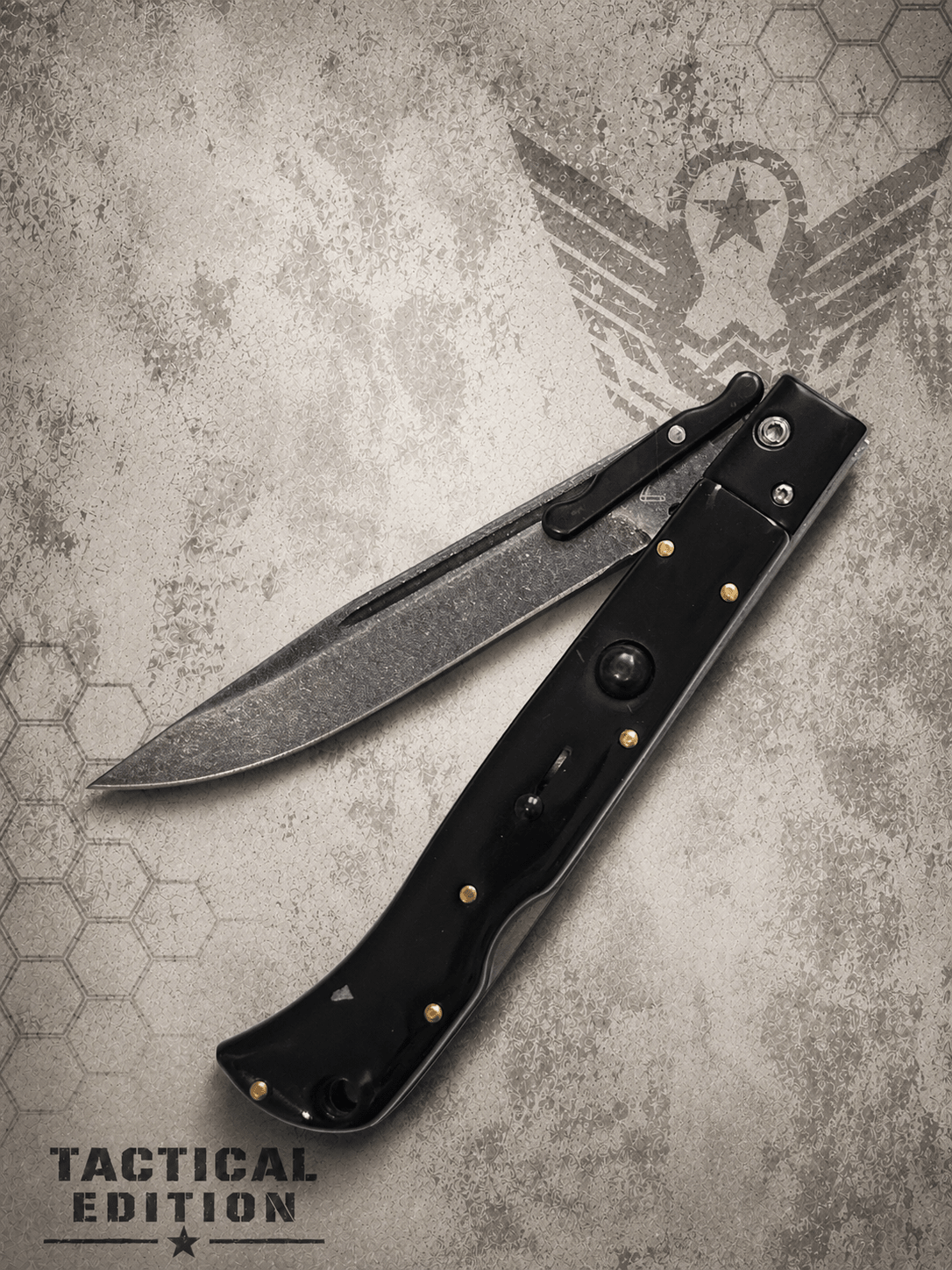 AKC 11" Roma Swinguard Automatic Knife – Tactical Blackout Edition | Black Stonewash Blade