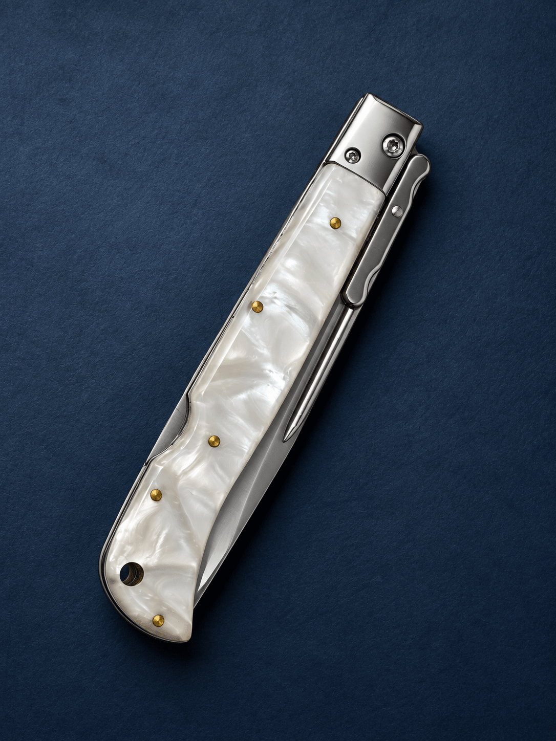 AKC 11 Roma Swinguard Automatic Knife – White Pearlex Acrylic Handle, 4.62 Polished Drop Point Blade