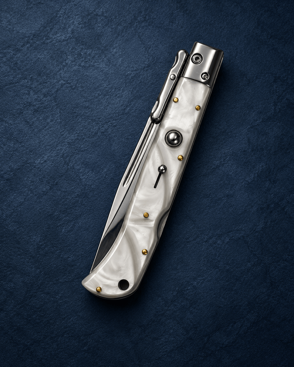 AKC 11 Roma Swinguard Automatic Knife – White Pearlex Acrylic Handle, 4.62 Polished Drop Point Blade
