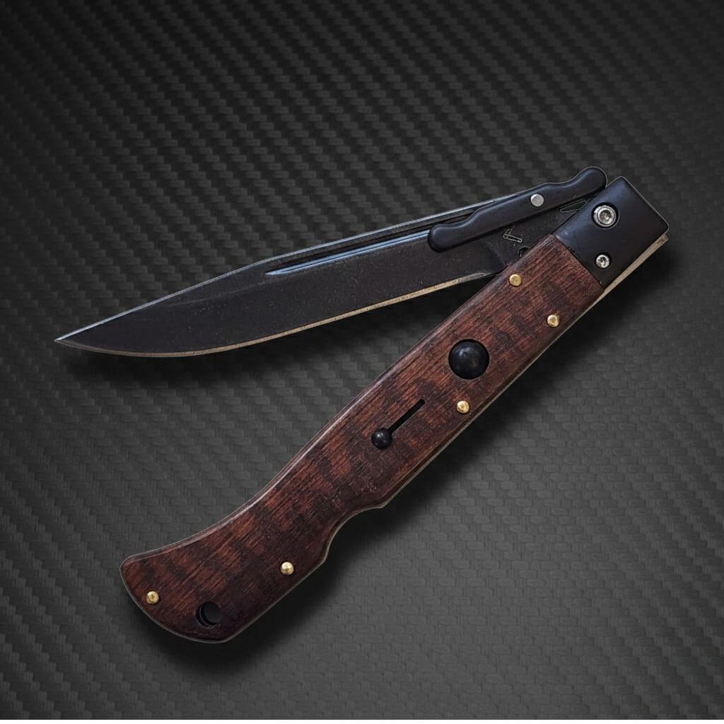 Roma Swinguard AKC 11 Tactical Snakewood Edition knife with 4.62 black blade for precision and durability