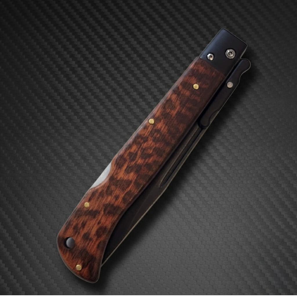 Roma Swinguard AKC 11 Tactical Snakewood Edition knife with 4.62 black blade for precision and durability