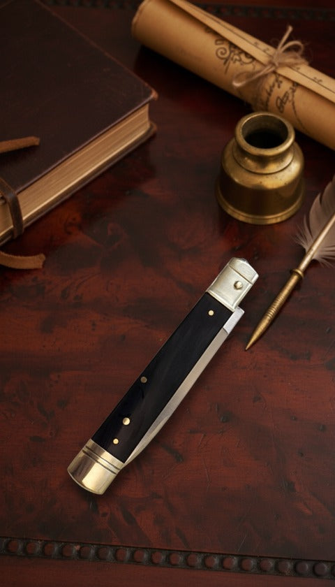 AKC 9" Italian Leverlock Knife - Dark Horn (Satin Plain)