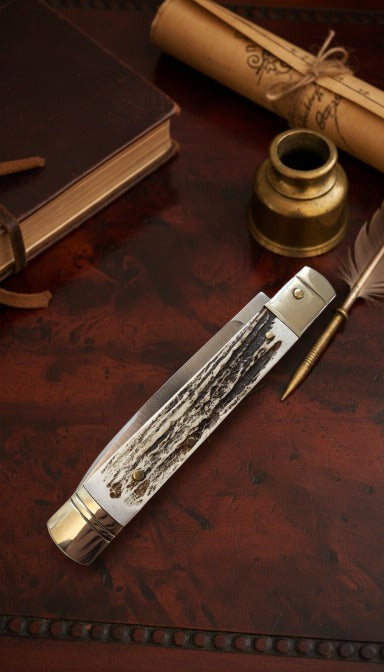 Italian Leverlock Knife AKC 9-inch featuring Stag handle with Satin Plain finish, ideal for collectors and knife enthusiasts