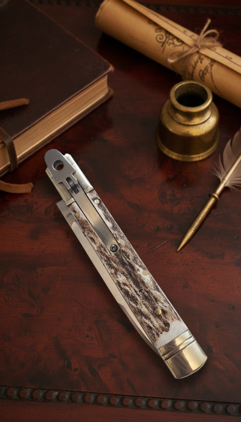 Italian Leverlock Knife AKC 9-inch featuring Stag handle with Satin Plain finish, ideal for collectors and knife enthusiasts