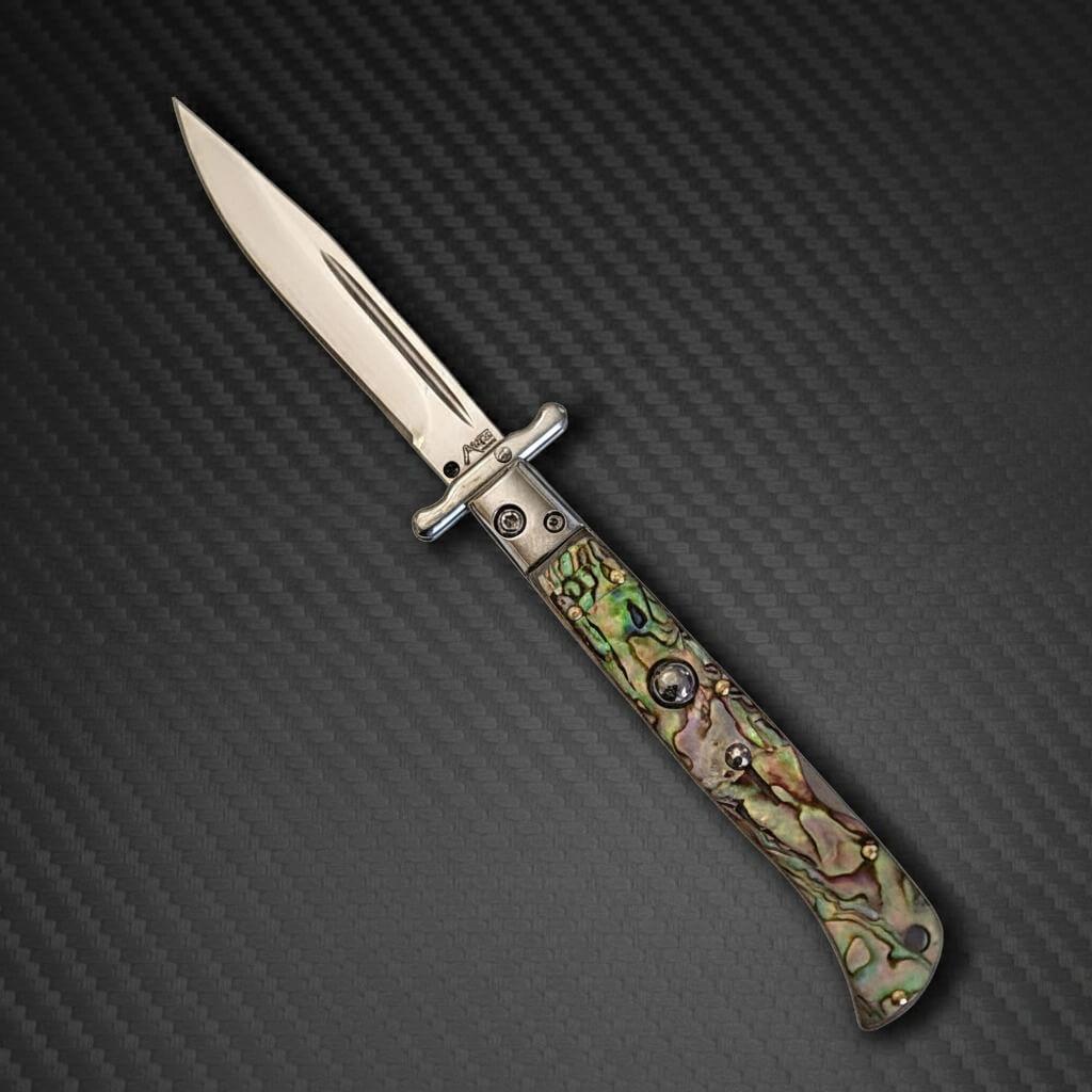 AKC 9" Italian Roma Swinguard Automatic Knife - Abalone (3.75" Polished)