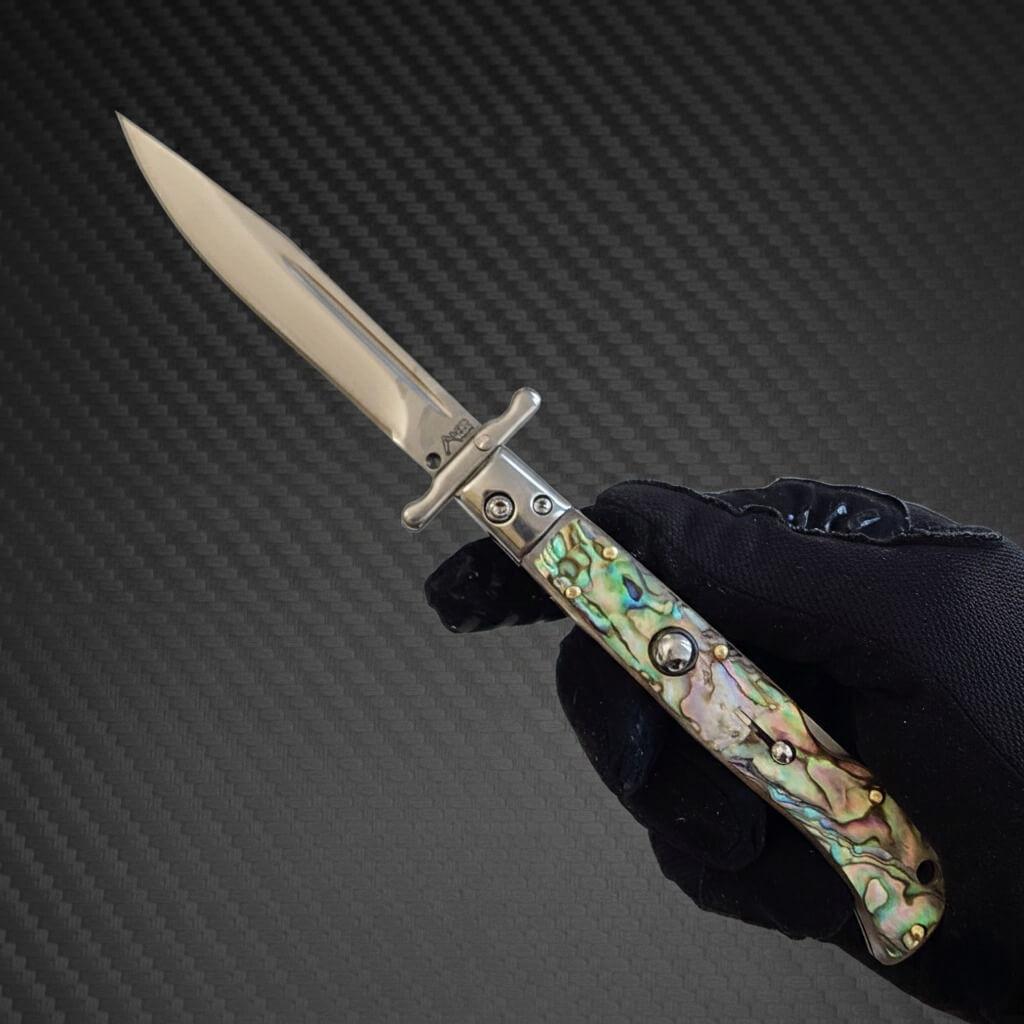 AKC 9" Italian Roma Swinguard Automatic Knife - Abalone (3.75" Polished)