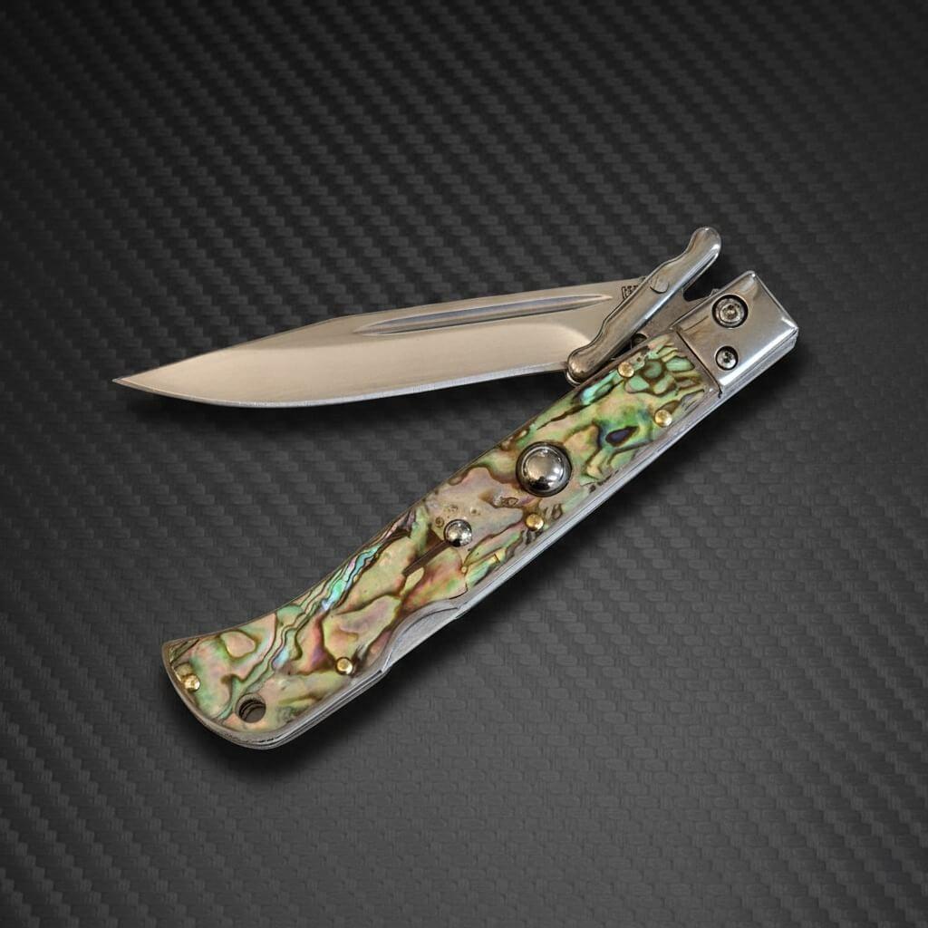 AKC 9" Italian Roma Swinguard Automatic Knife - Abalone (3.75" Polished)