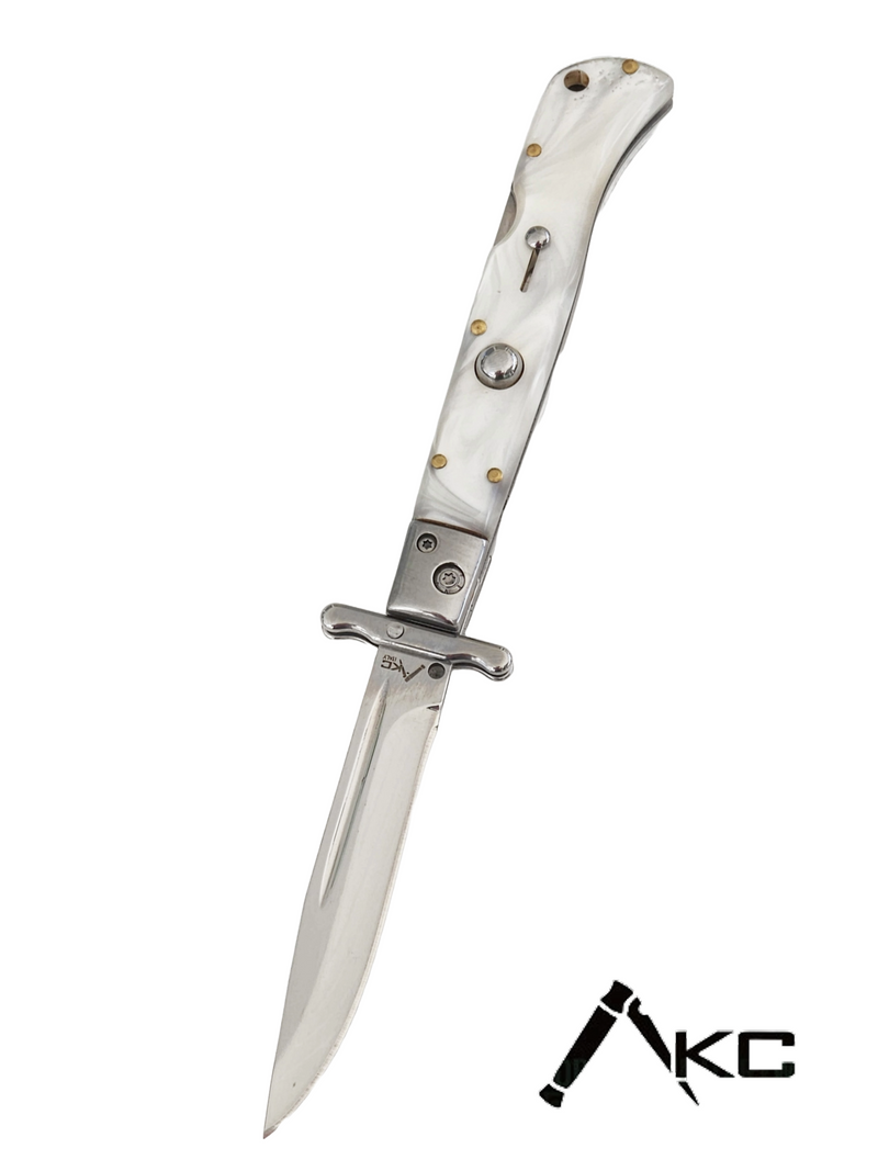 AKC 9" Italian Roma Swinguard Automatic Knife - White Pearl (3.75" Polished)