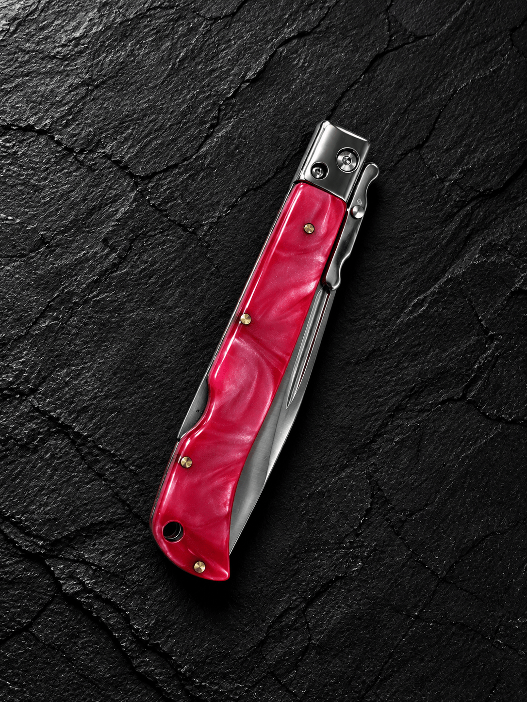 AKC 9 Italian Roma Swinguard Automatic Knife – Pink Pearl Handle, 3.75 Polished Drop Point Blade