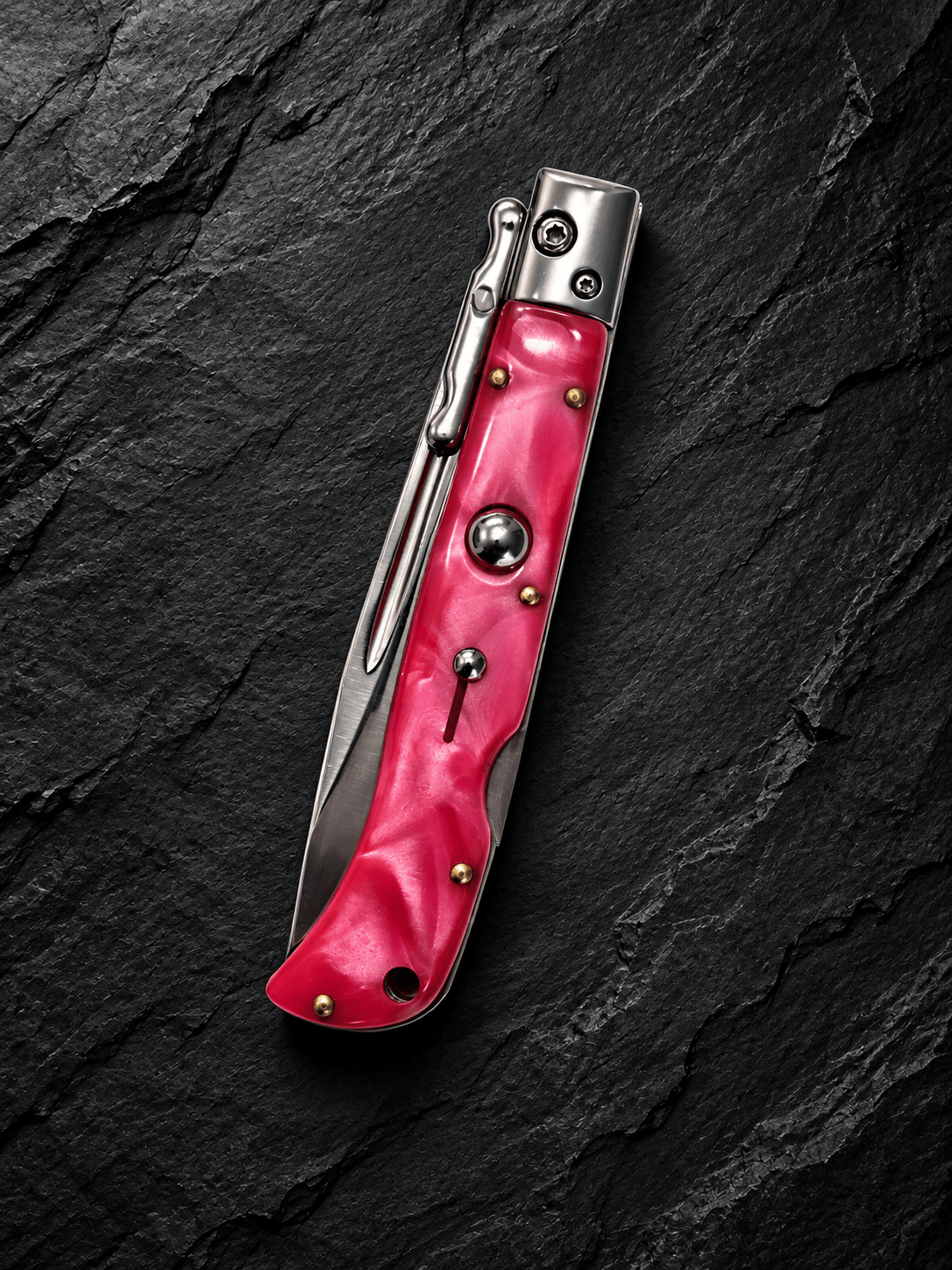 AKC 9 Italian Roma Swinguard Automatic Knife – Pink Pearl Handle, 3.75 Polished Drop Point Blade