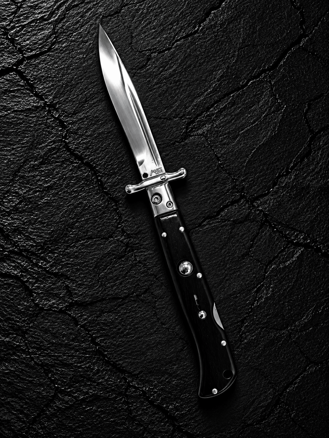 AKC 9 Italian Roma Swinguard Automatic Knife – Wood Handle, 3.75 Polished Drop Point Blade