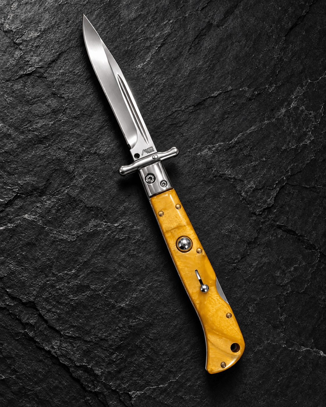 AKC 9 Italian Roma Swinguard Automatic Knife – Yellow Pearl  3.75 Polished Drop Point Blade