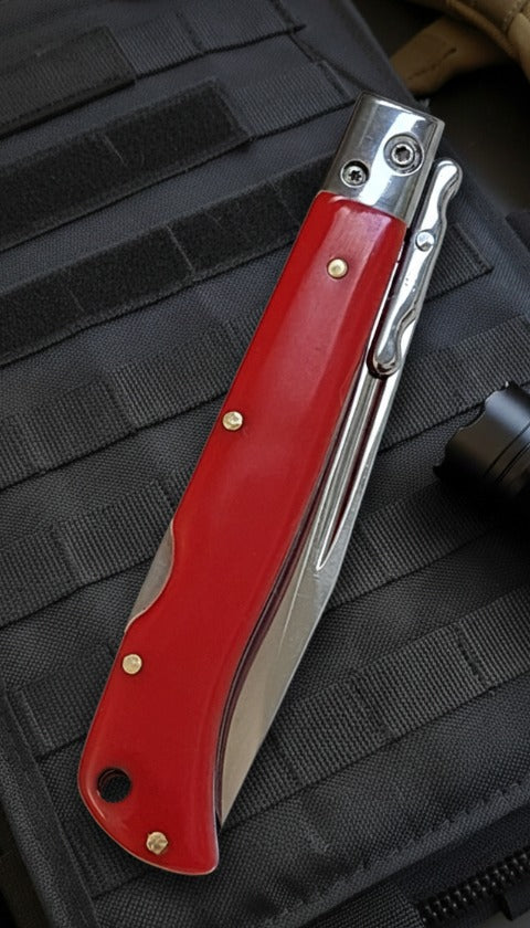 AKC 9 Italian Roma Swinguard Knife in Polished Red, Luxury Auto Knife with 3.75 Blade for Precision and Style