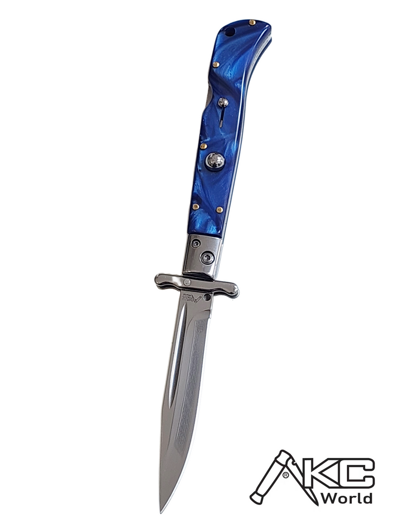 AKC 9" Italian Roma Swinguard Switchblade -  Blue Pearl (3.75" Polished)