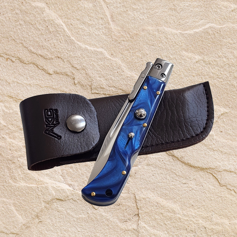 AKC 9" Italian Roma Swinguard Switchblade -  Blue Pearl (3.75" Polished)