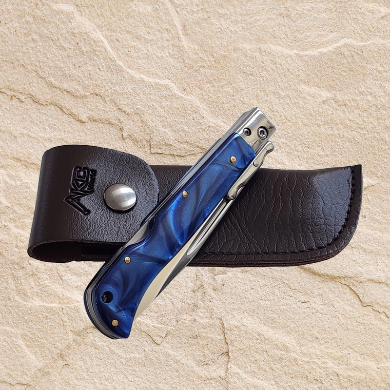 AKC 9" Italian Roma Swinguard Switchblade -  Blue Pearl (3.75" Polished)