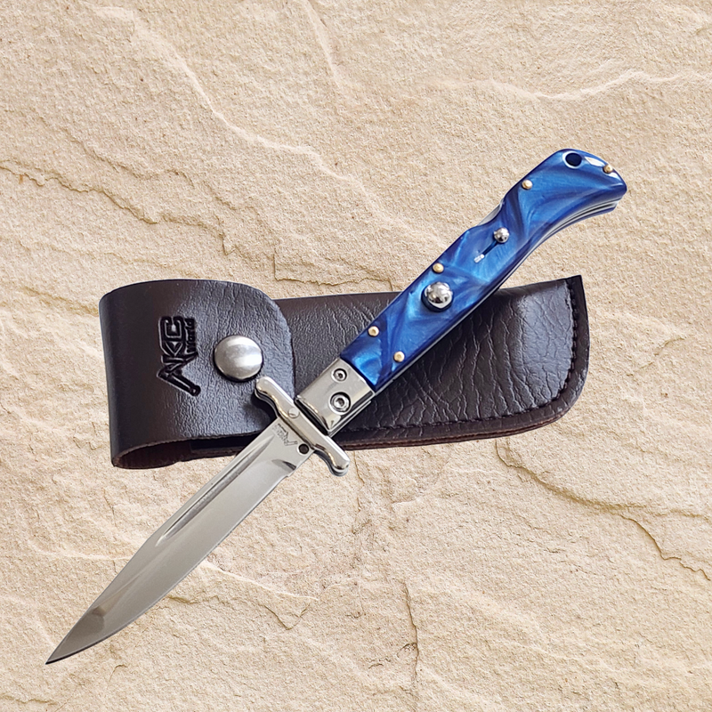 AKC 9" Italian Roma Swinguard Switchblade -  Blue Pearl (3.75" Polished)