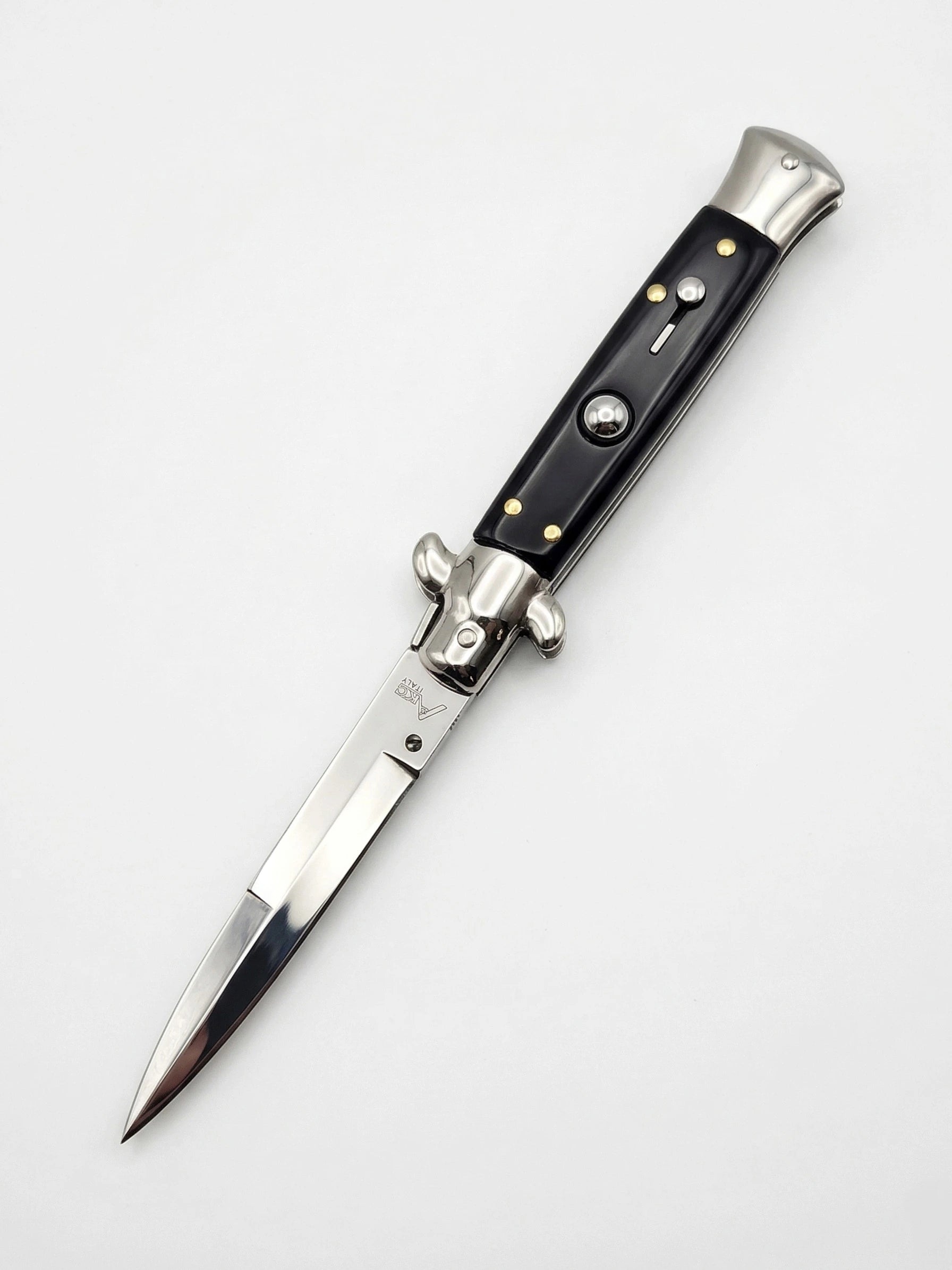 Classic Stiletto Switchblade Knife with Black Handle and Polished Bayonet Bade